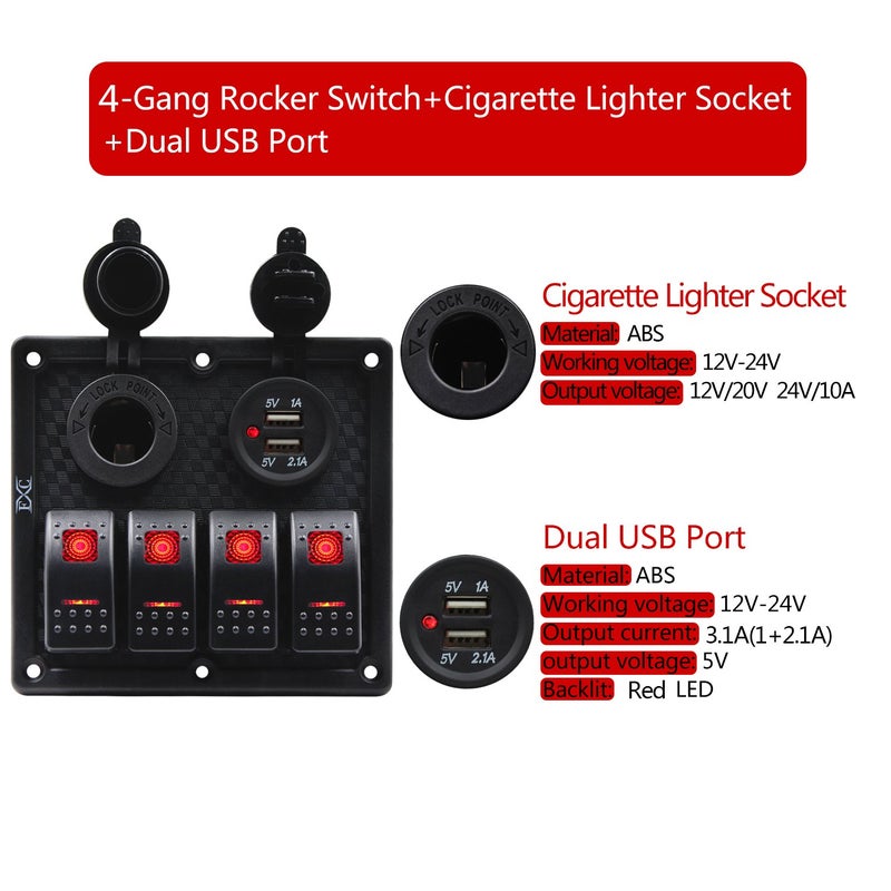FXC Waterproof Marine Boat Rocker Switch Panel 4 Gang with Dual USB Slot Socket + Cigarette Lighter LED Light for Car Rv Vehicles Truck (4 Gang Red Light) - Image 2